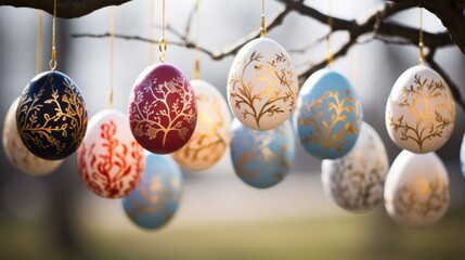  beautiful decorated Easter eggs hanging on a tree