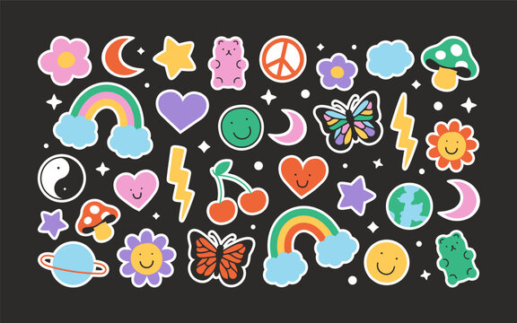 Set of retro symbol doodle illustration in trendy 90s art style. Colorful icon collection with cute vintage decoration. Includes rainbow, butterfly, flower and love heart hand drawn cartoon.