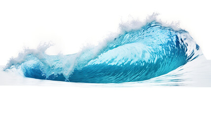 Blue ocean waves isolated on a sandy beach against a stark white background