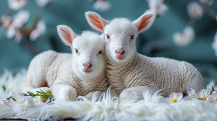 Two Baby Lambs Cuddle on Fluffy Blanket