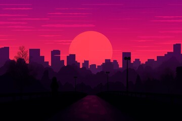 The sun is setting in the horizon, casting a warm glow over the urban city skyline with tall buildings and skyscrapers. Generative AI