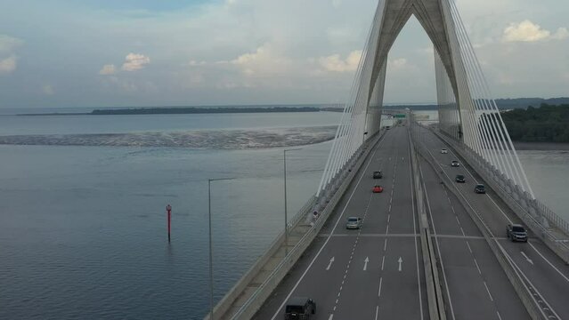 Drone view of a longest bridge in Southeast Asia, known as 'Sultan Haji Omar Ali Saifuddien bridge' previously known as 'Temburong bridge' located in Brunei Darussalam