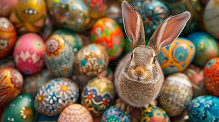 Fototapeta na wymiar A close-up of a curious Easter bunny surrounded by a diverse assortment of uniquely decorated eggs, each one telling a story of creativity and tradition.