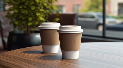 two paper coffee cups on a table