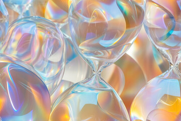 hourglass with liquid, holographic design, glass, transparent, regulates runaway time, abstract...