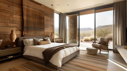 A contemporary desert-inspired bedroom with warm earthy hues, textured fabrics, and rustic wood accents, offering a cozy oasis in the midst of arid landscapes.