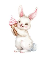 Watercolor illustration of a cute white bunny holding ice cream cone isolated on white background.