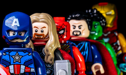 Fototapeta premium Marvel Captain America, Thor, Spider-Man, Doctor Strange, Hulk and Iron Man on a black background. Marvel's Avengers closeup