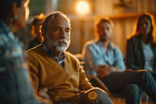 Elderly Man Reflecting During Group Therapy Session. An elderly man deep in thought at a group therapy session, surrounded by attendees in a warm, inviting room.