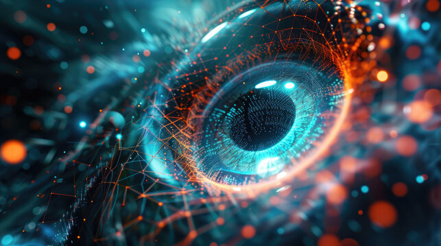 virtual lens, projection on the eye, pupil in electronic networks, abstract background, blue with orange bokeh