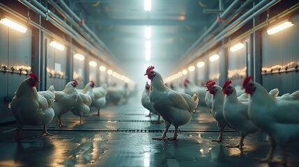 A bustling industrial poultry farm, a broiler. Generative AI.