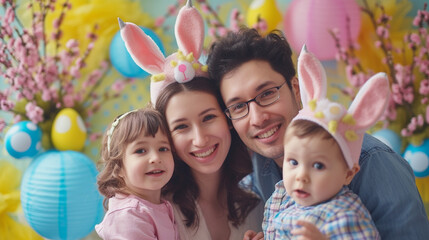 Fototapeta na wymiar A family Easter-themed photo booth, with festive props and backdrops, capturing candid and lighthearted moments as families create lasting memories together.