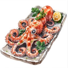Octopus arrangement on long dish, type of meat, cute cartoon, full body, watercolor illustration.