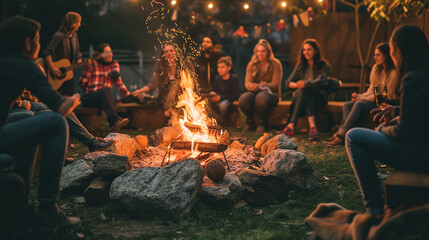 A family Easter campfire storytelling night, with families gathered around a crackling fire, sharing tales of faith, joy, and personal experiences in a cozy and intimate setting.
