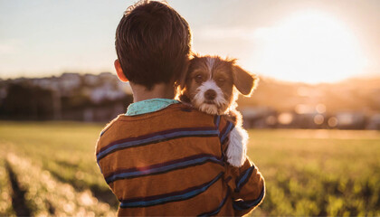 Uma criança de costas, segurando um cachorrinho nos braços, em um parque.