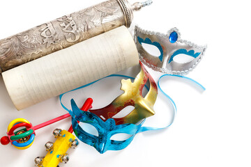 The Scroll of Esther and Purim Festival objects on white background.