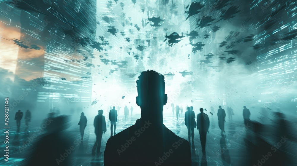 Aufkleber A silhouette of a man in a computer screen against a background in which people are flying ahead of him, in the style of futuristic fragmentation. Generative AI.