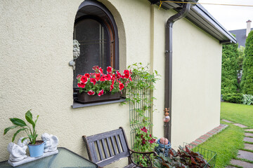 Beautiful blooming flowers on window sill outside of cozy house. 