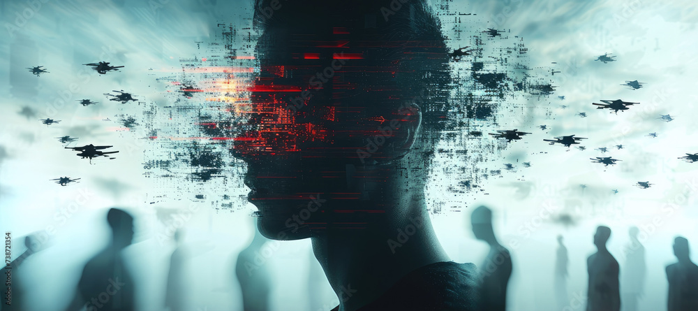 Aufkleber A silhouette of a man in a computer screen against a background in which people are flying ahead of him, in the style of futuristic fragmentation. Generative AI.
