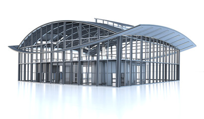 Business center, commercial, exhibition, sports building with glass facade and rounded roof. 3d illustration on white background
