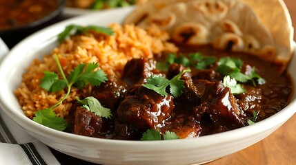 Mexican mole poblano with chicken, served with rice, beans, and tortillas