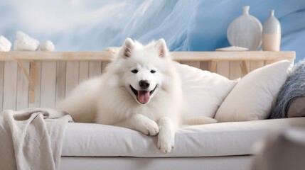  white eskimo dog laying on a white couch - obrazy, fototapety, plakaty