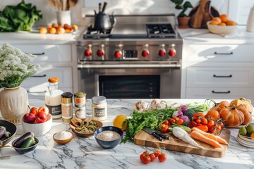 A well-appointed modern kitchen showcasing a diverse collection of organic produce, spices, and grains on a marble countertop, ready for a healthy cooking session