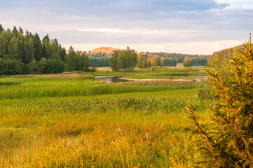 Obraz premium Beautiful autumn landscape with meadows, forests, expensive and beautiful blue sky with clouds.