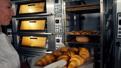 Close-up shot of a baker girl in a hot glove moves a baking sheet with freshly baked croissants to another shelf of rack in the kitchen