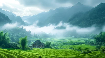 Fotobehang Terraced rice fields in the morning in foggy day in asia. © korkut82