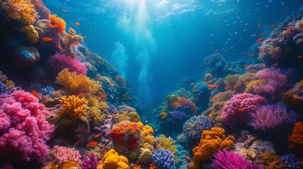 Naklejka na ściany i meble Vivid Coral Reef Teeming with Marine Life: An underwater spectacle of a vivid coral reef bursting with a kaleidoscope of colors and marine life.