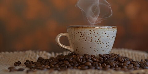 A steaming cup of hot coffee and coffee beans placed on a vintage wooden table.
