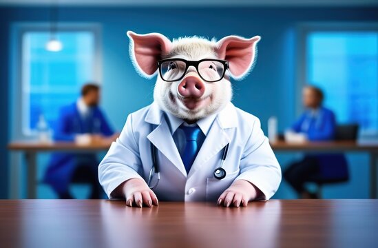 a pig in glasses and a white medical coat sits at the table. blue hospital view in the background