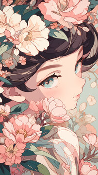 Hand drawn cartoon illustration of beautiful and cute girl among beautiful spring flowers
