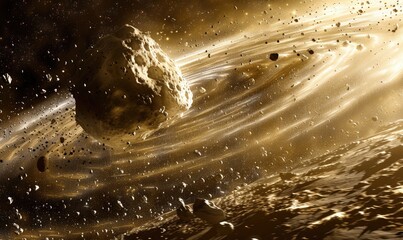 An asteroid surrounded by swirling debris in the outer space