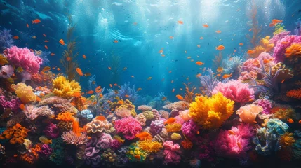 Foto op Aluminium Vivid Coral Reef Teeming with Marine Life: An underwater spectacle of a vivid coral reef bursting with a kaleidoscope of colors and marine life. © Nico