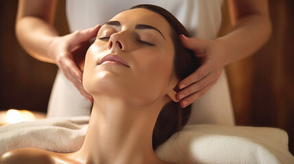 a woman with her eyes closed receives a facial massage while lying on a massage table, the masseur's hands work on massaging the woman's neck and chin. Rejuvenating contour facial massage