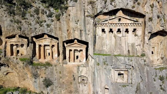 Drone Video of Kaunos (Caunos) King Tombs Ruins in Dalyan, Turkey