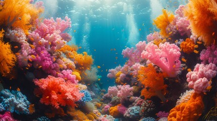 Naklejka na ściany i meble Vivid Coral Reef Teeming with Marine Life: An underwater spectacle of a vivid coral reef bursting with a kaleidoscope of colors and marine life.