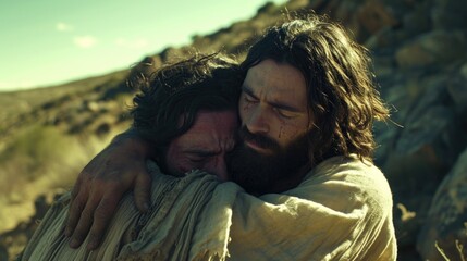 A divine moment: Jesus blesses a believer kneeling before Him, radiating compassion and spiritual grace in a profound encounter.