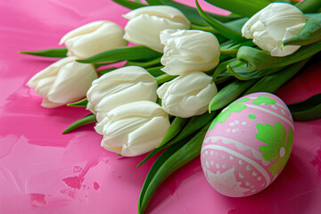 Obraz na płótnie Canvas White tulips and a decorated Easter egg lie on a vibrant pink background, reflecting a fresh, joyful celebration of the Easter holiday.