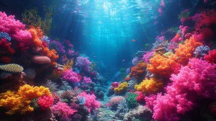 Fototapeta na wymiar Vivid Coral Reef Teeming with Marine Life: An underwater spectacle of a vivid coral reef bursting with a kaleidoscope of colors and marine life.