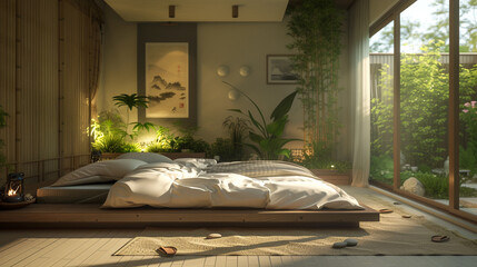 A serene Zen-inspired bedroom with minimalist decor, bamboo accents, and a tranquil indoor garden, creating a peaceful oasis for relaxation.