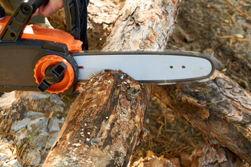 Closeup of an orange electric chainsaw cutting through a thick log of wood 