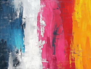 Modern abstract art showcasing bold strokes of blue, white, red, and yellow acrylic paint on a textured canvas.