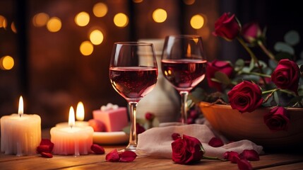 Two Glasses of Red Wine on a Wooden Table with Roses in the Background
