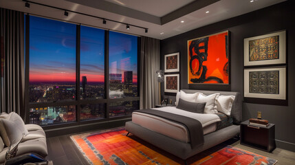 A sleek and sophisticated bachelor pad bedroom with modern furnishings, bold artwork, and panoramic city views, embodying urban luxury and style.