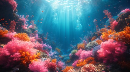 Obraz na płótnie Canvas Vivid Coral Reef Teeming with Marine Life: An underwater spectacle of a vivid coral reef bursting with a kaleidoscope of colors and marine life.