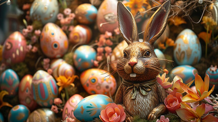 Fototapeta na wymiar A whimsical Easter bunny sculpture surrounded by a cluster of radiant eggs, the combination of playful elements and vibrant colors capturing the festive essence.