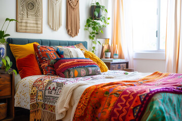 An eclectic Bohemian-inspired bedroom with layered textiles, vibrant colors, and an array of global accents, embodying free-spirited creativity and personality.